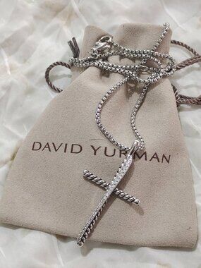 David Yurman Sterling Silver Pave Diamond Cable Cross Necklace